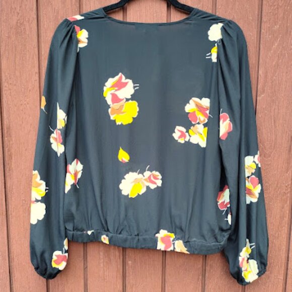 MADEWELL | NWT Black Silk Wrap Top Gallery Floral Long Balloon Sleeve Blouse M - Picture 4 of 16